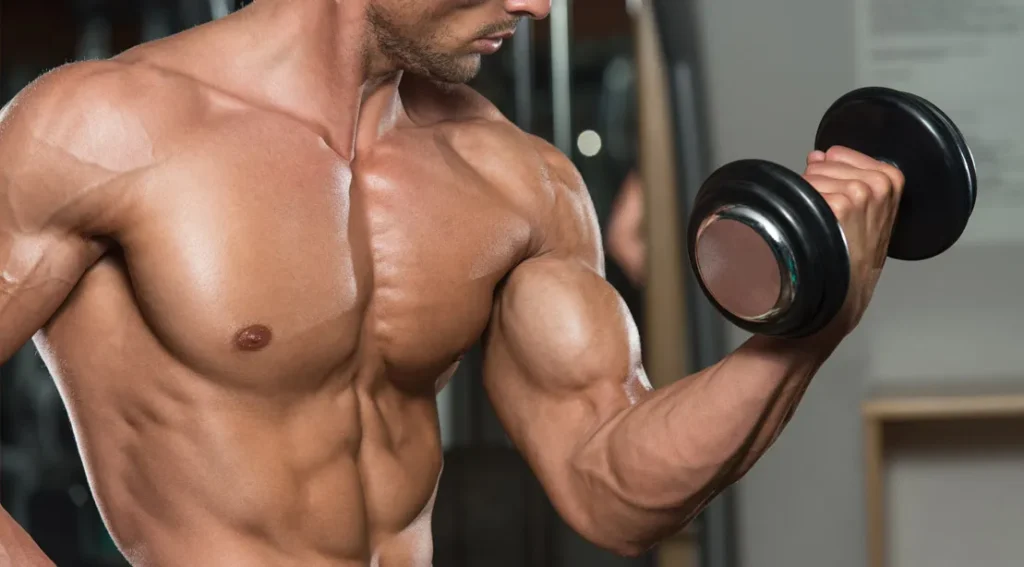 Esta imagen tiene un atributo ALT vacío; su nombre de archivo es Muscular-Bodybuilder-Doing-Biceps-Workout-With-A-Bicep-Curl-1024x567.webp